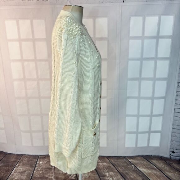 Lilly's Kloset Cream Cable Knit Golf Button V-Neck Long Cardigan Size 2XL - Picture 4 of 12